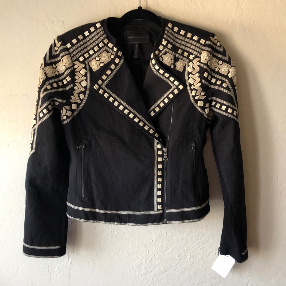 NWT BCBG Geometric Embroidered Moto Jacket - Picture 7 of 8